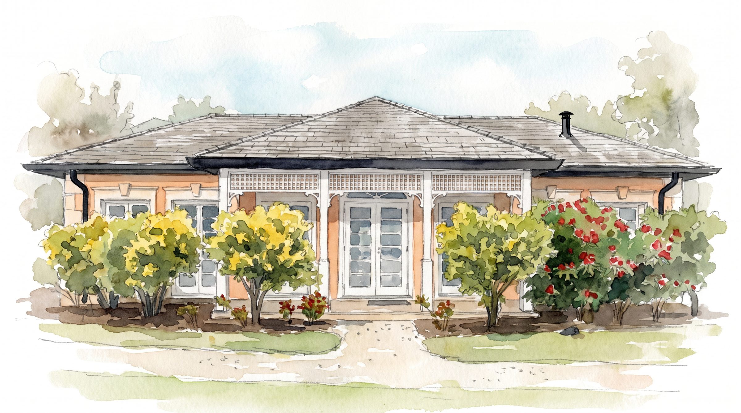 The Canouan Tennis Club clubhouse, in watercolour