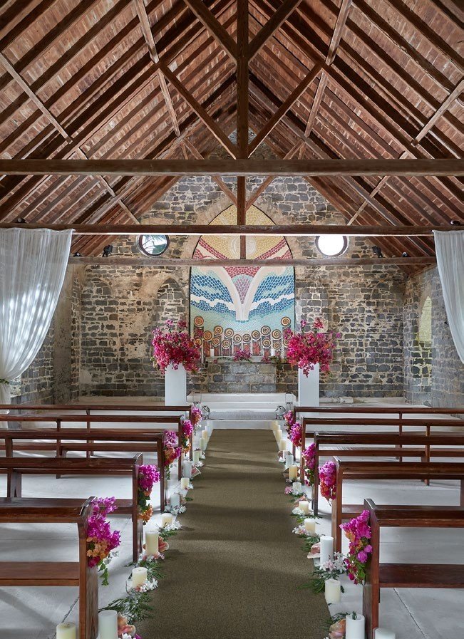 Inside the chapel, dressed for a wedding